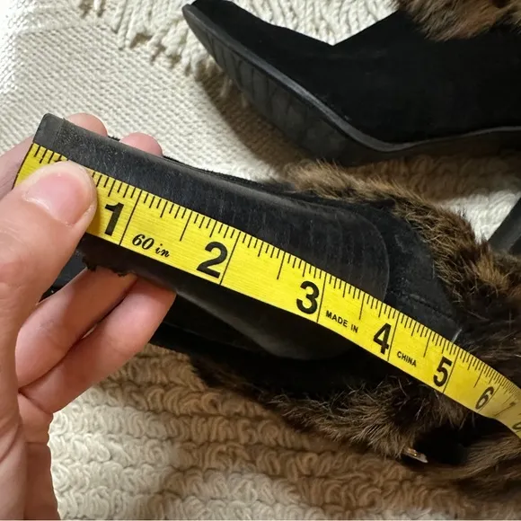 STUART WEITZMAN black / leopard suede and rabbit fur heeled ankle boots 9.5