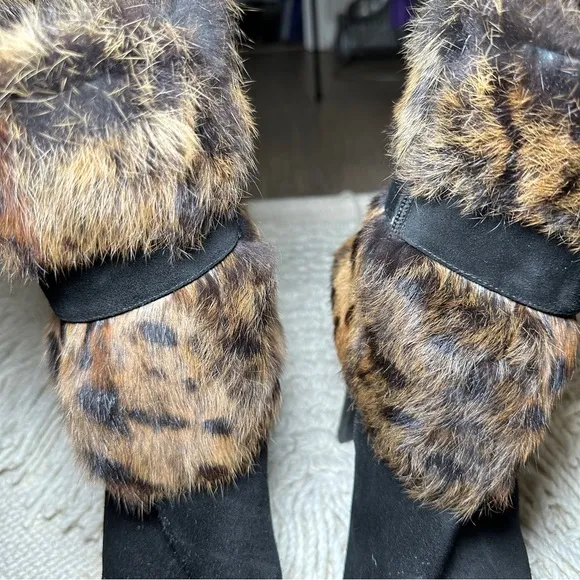 STUART WEITZMAN black / leopard suede and rabbit fur heeled ankle boots 9.5