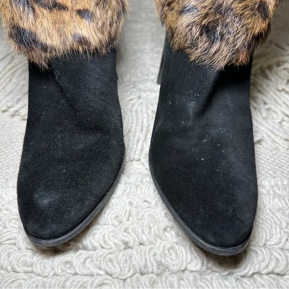 STUART WEITZMAN black / leopard suede and rabbit fur heeled ankle boots 9.5