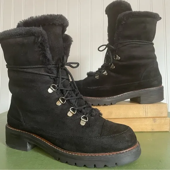 Stuart Weitzman LUGE Fleece Lined Fold Down Boots in Black Suede *Spain*