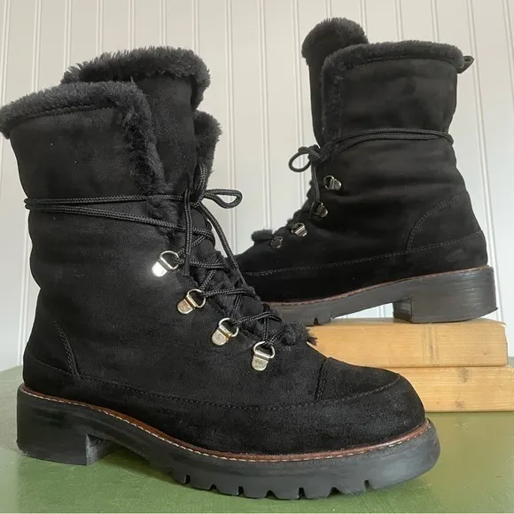 Stuart Weitzman LUGE Fleece Lined Fold Down Boots in Black Suede *Spain*