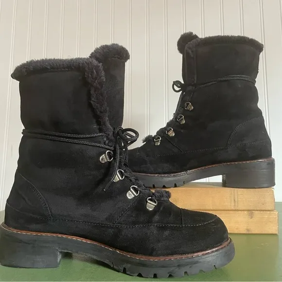 Stuart Weitzman LUGE Fleece Lined Fold Down Boots in Black Suede *Spain*