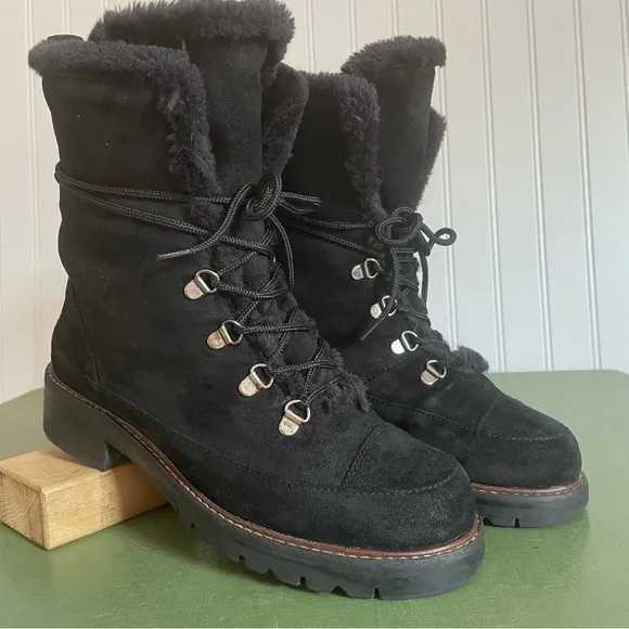 Stuart Weitzman LUGE Fleece Lined Fold Down Boots in Black Suede *Spain*