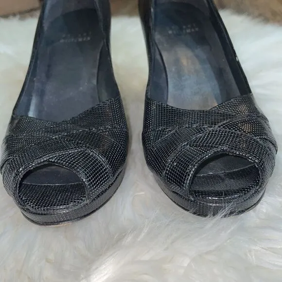 Stuart Weitzman Black Leather Shiny Peep Toe pumps