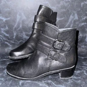 Stuart Weitzman Strapduo Moto Black Leather Heeled Booties Boots Women Size 8.5M