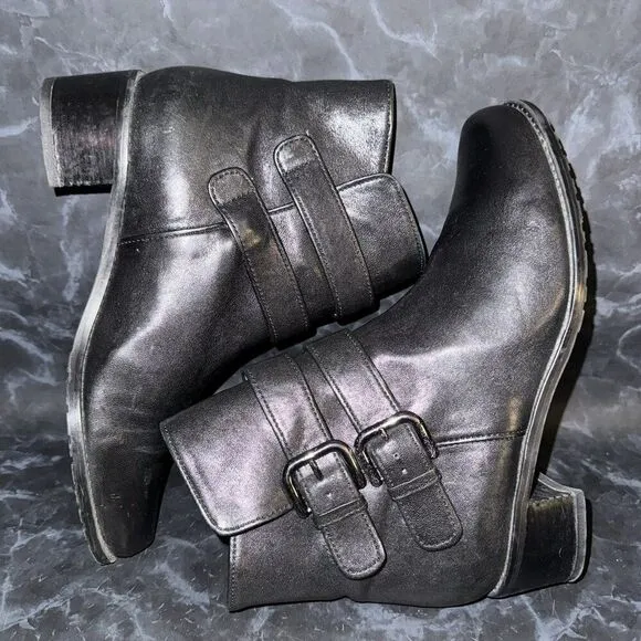 Stuart Weitzman Strapduo Moto Black Leather Heeled Booties Boots Women Size 8.5M