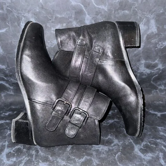 Stuart Weitzman Strapduo Moto Black Leather Heeled Booties Boots Women Size 8.5M
