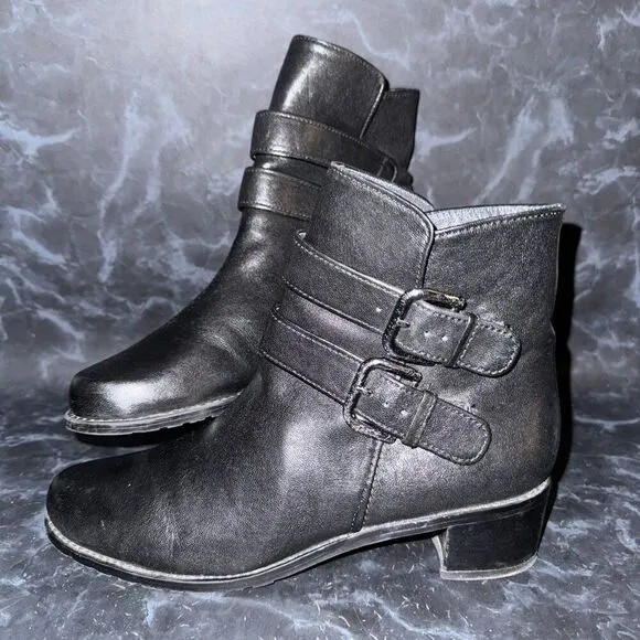 Stuart Weitzman Strapduo Moto Black Leather Heeled Booties Boots Women Size 8.5M