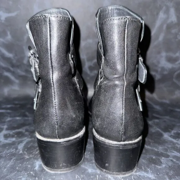 Stuart Weitzman Strapduo Moto Black Leather Heeled Booties Boots Women Size 8.5M