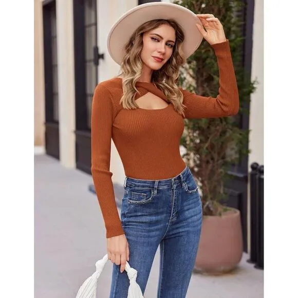 Sweaters for Women Caramel Long Sleeve Cutout Tops