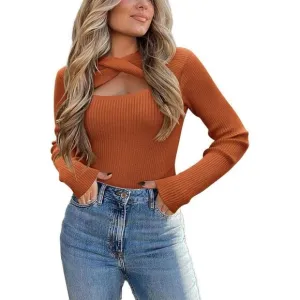 Sweaters for Women Caramel Long Sleeve Cutout Tops