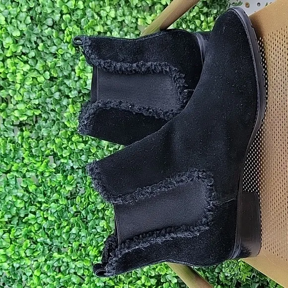 Talbots Womens Tish 100% Suede Leather Shearling Trimmed Ankle Boots Blk Sz 10M