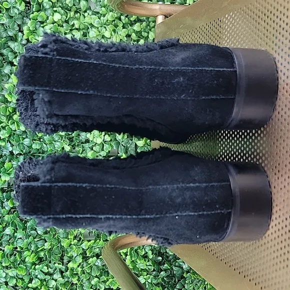 Talbots Womens Tish 100% Suede Leather Shearling Trimmed Ankle Boots Blk Sz 10M