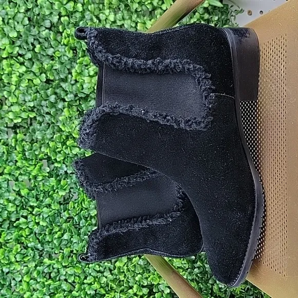 Talbots Womens Tish 100% Suede Leather Shearling Trimmed Ankle Boots Blk Sz 10M