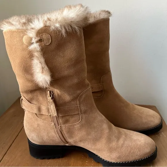 Talbots Women’s Tish Foldover Suede Faux Fur lined Ankle Boot Tan 9.5