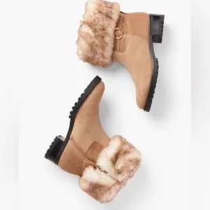 Talbots Women’s Tish Foldover Suede Faux Fur lined Ankle Boot Tan 9.5