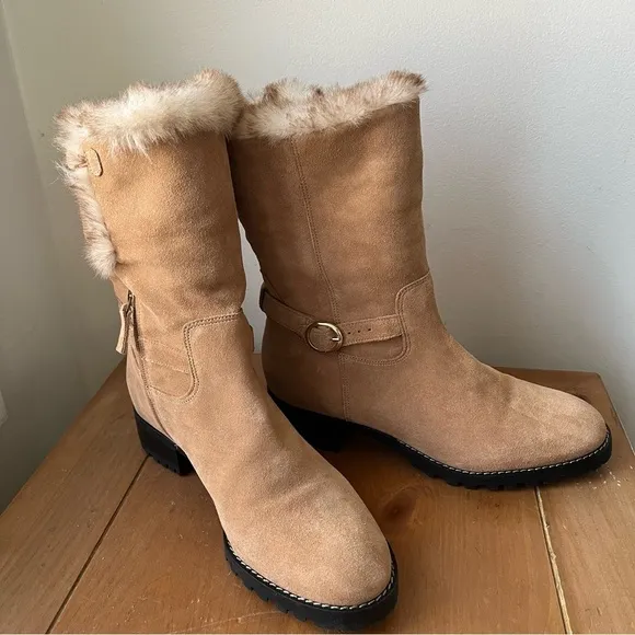 Talbots Women’s Tish Foldover Suede Faux Fur lined Ankle Boot Tan 9.5