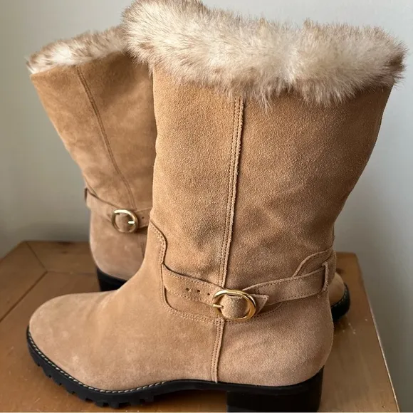 Talbots Women’s Tish Foldover Suede Faux Fur lined Ankle Boot Tan 9.5