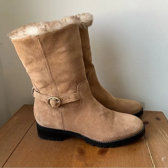 Talbots Women’s Tish Foldover Suede Faux Fur lined Ankle Boot Tan 9.5