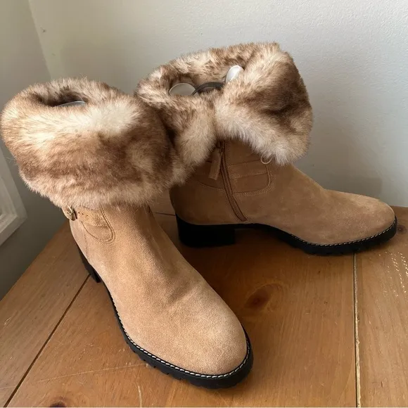 Talbots Women’s Tish Foldover Suede Faux Fur lined Ankle Boot Tan 9.5