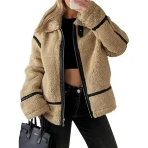 Tankaneo Womens Faux Fur Jackets Winter Trendy Sherpa Moto Leather Patchwork