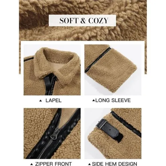 Tankaneo Womens Faux Fur Jackets Winter Trendy Sherpa Moto Leather Patchwork