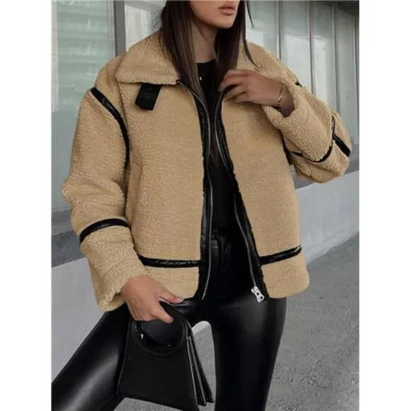 Tankaneo Womens Faux Fur Jackets Winter Trendy Sherpa Moto Leather Patchwork