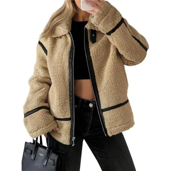Tankaneo Womens Faux Fur Jackets Winter Trendy Sherpa Moto Leather Patchwork