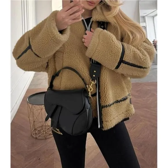 Tankaneo Womens Faux Fur Jackets Winter Trendy Sherpa Moto Leather Patchwork