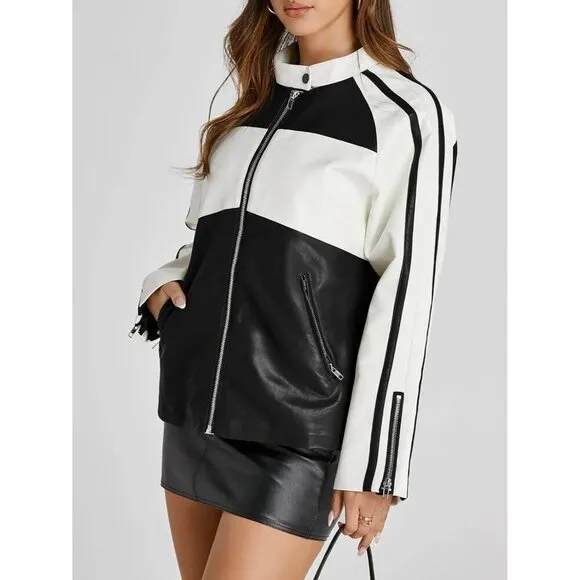 Tankaneo Womens Faux Leather Black Jackets Zip up Jackets coat