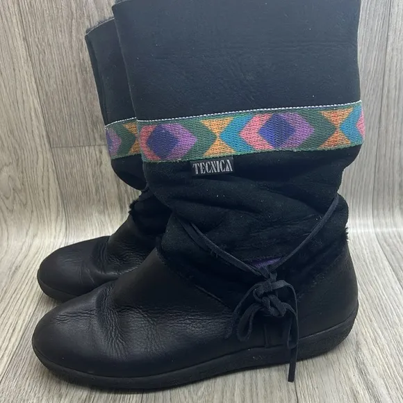 TECNICA Black Leather &amp; Shearling Tribal Print Mid-Calf Winter Boots