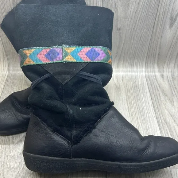TECNICA Black Leather &amp; Shearling Tribal Print Mid-Calf Winter Boots