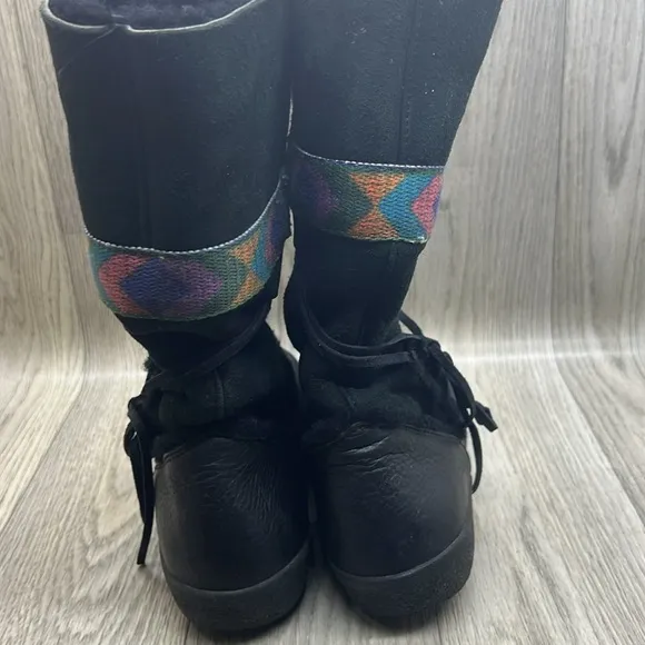 TECNICA Black Leather &amp; Shearling Tribal Print Mid-Calf Winter Boots