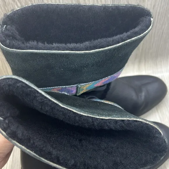 TECNICA Black Leather &amp; Shearling Tribal Print Mid-Calf Winter Boots
