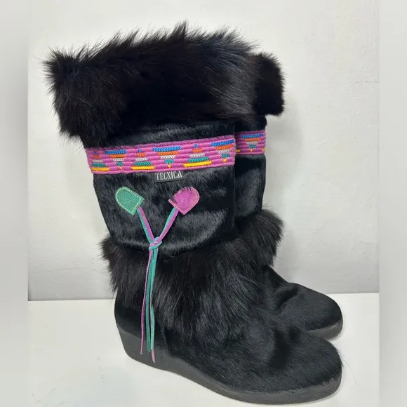 Tecnica Women's Italian Apres Skandia Cowhide Fur Boots Black Embroidered SZ 40