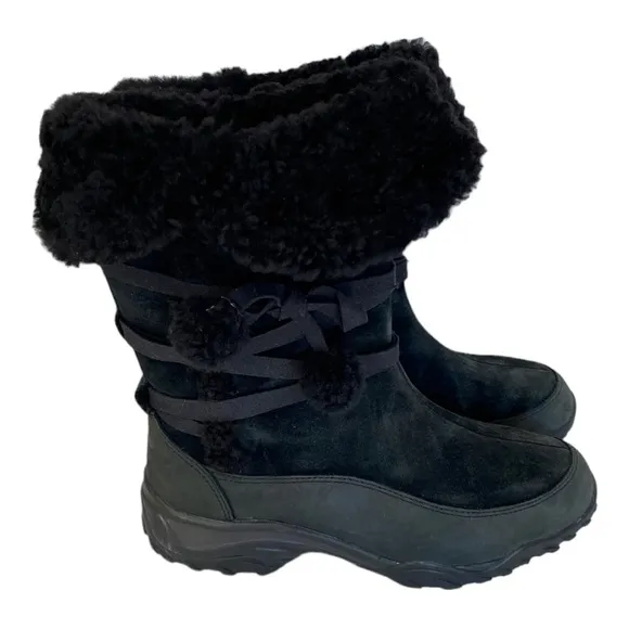 The North Face Black Suede Leather Boots, Insulated Winter Tall Boots Fold Over