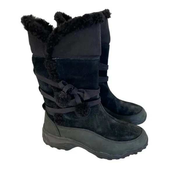 The North Face Black Suede Leather Boots, Insulated Winter Tall Boots Fold Over
