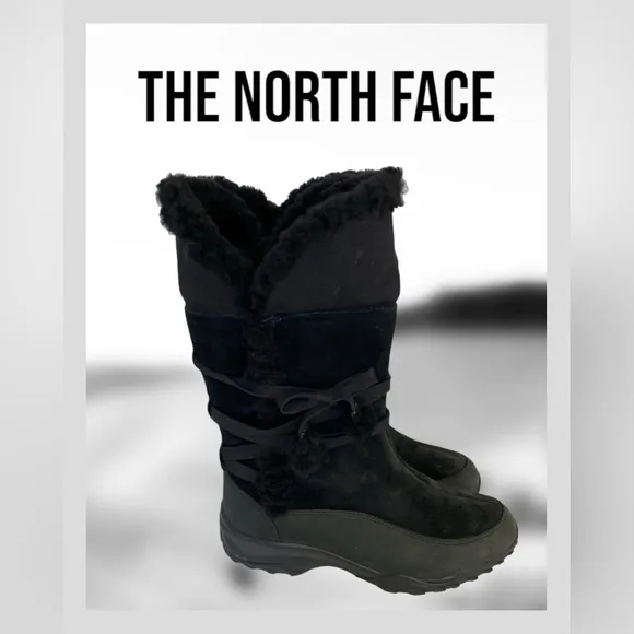 The North Face Black Suede Leather Boots, Insulated Winter Tall Boots Fold Over