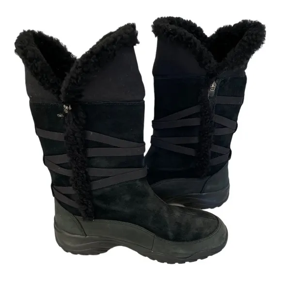 The North Face Black Suede Leather Boots, Insulated Winter Tall Boots Fold Over