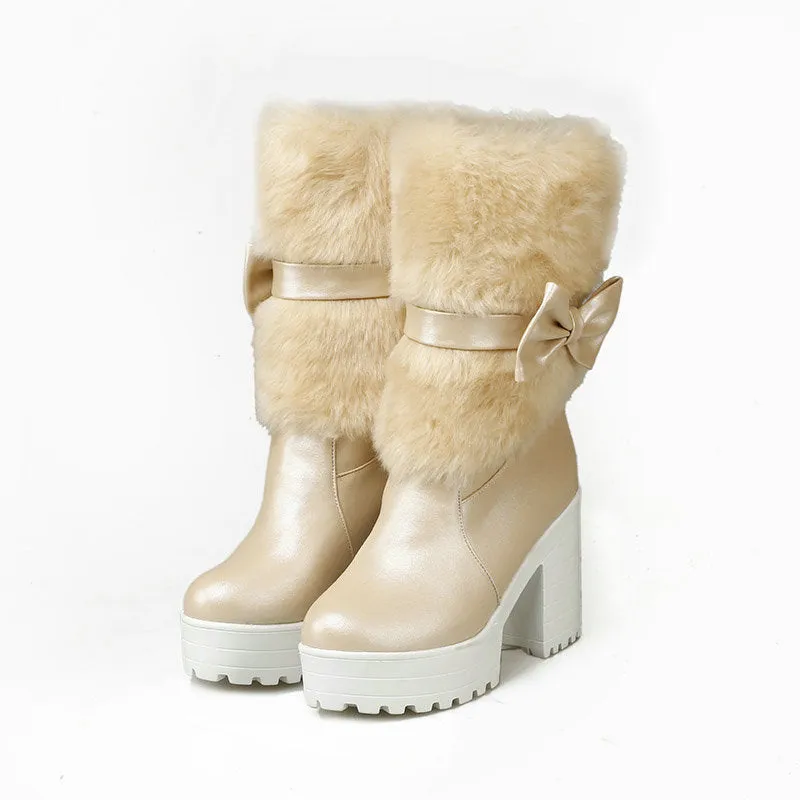 Thick Heel Snow Sweet Bow Boots