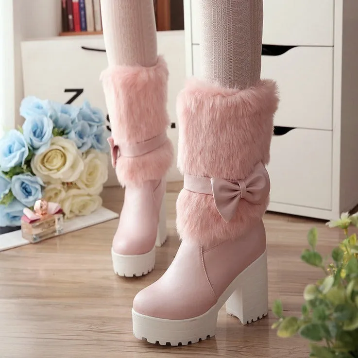 Thick Heel Snow Sweet Bow Boots