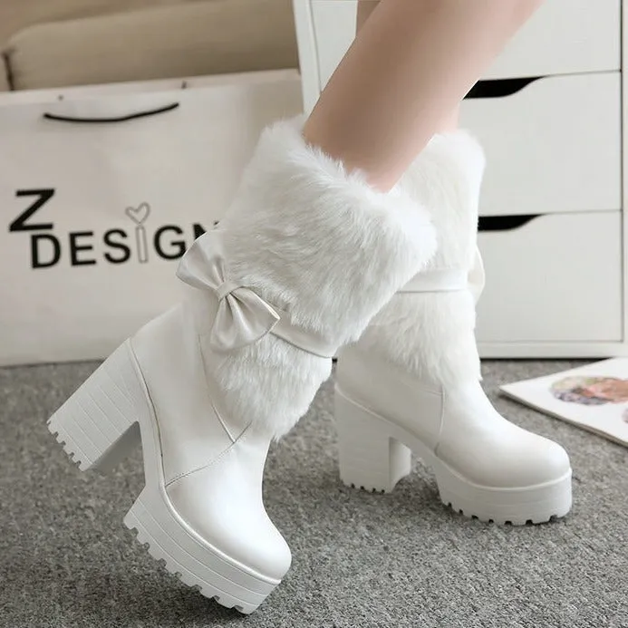 Thick Heel Snow Sweet Bow Boots