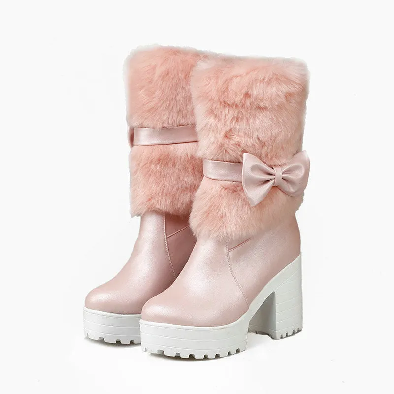 Thick Heel Snow Sweet Bow Boots