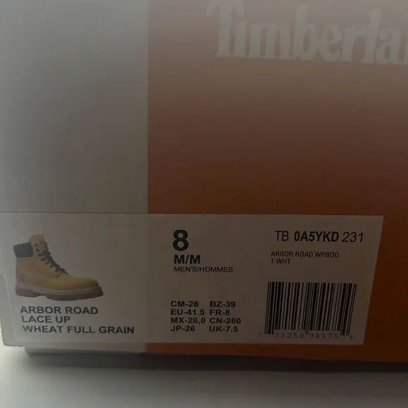 Timberland Arbor Road Waterproof Lace up wheat full grain Boot- Men size 8 - NWB