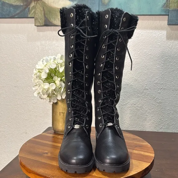 Timberland black knee boots Rare special edition Snowflake glittery fur Size 7.5