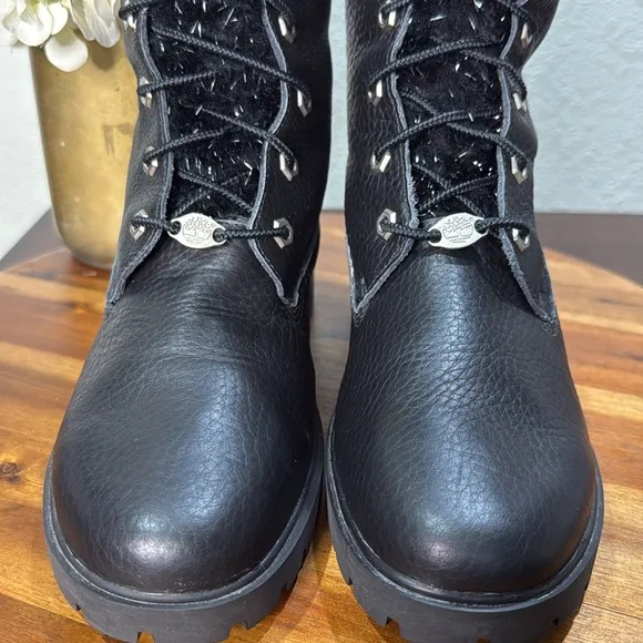 Timberland black knee boots Rare special edition Snowflake glittery fur Size 7.5