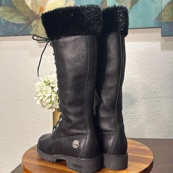 Timberland black knee boots Rare special edition Snowflake glittery fur Size 7.5