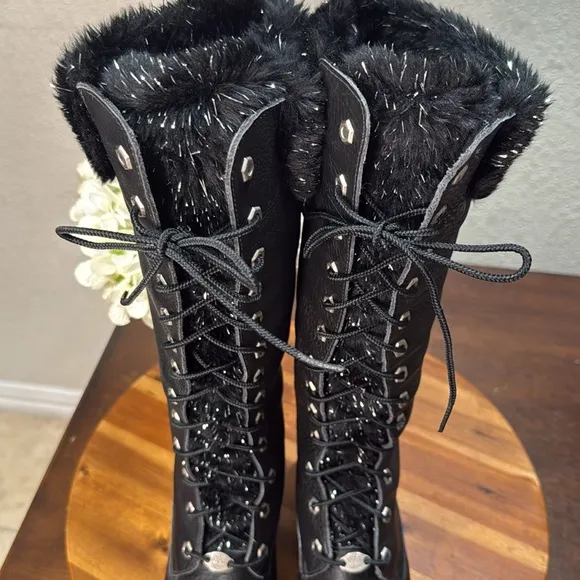 Timberland black knee boots Rare special edition Snowflake glittery fur Size 7.5