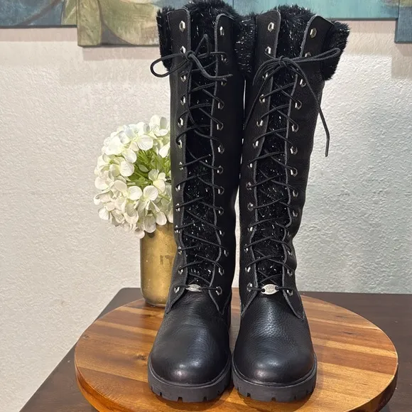 Timberland black knee boots Rare special edition Snowflake glittery fur Size 7.5