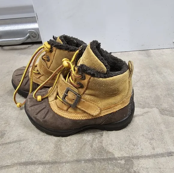 TIMBERLAND Boots Mallard Mid Bungee, Buckle Strap, Tan Brown Size 8 Toddler VGUC